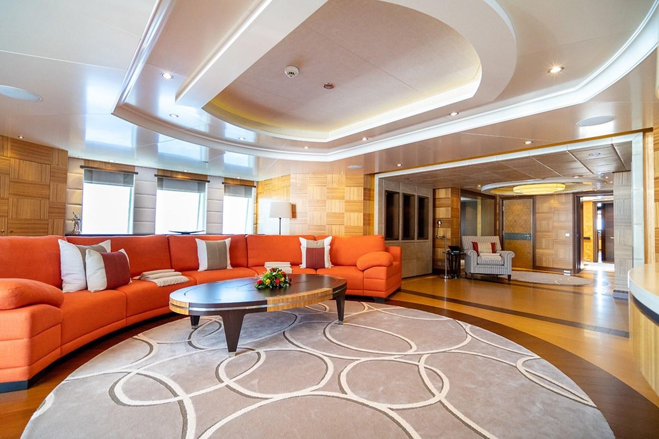 a large living room with a large open floor plan aboard KAISER Yacht for Sale