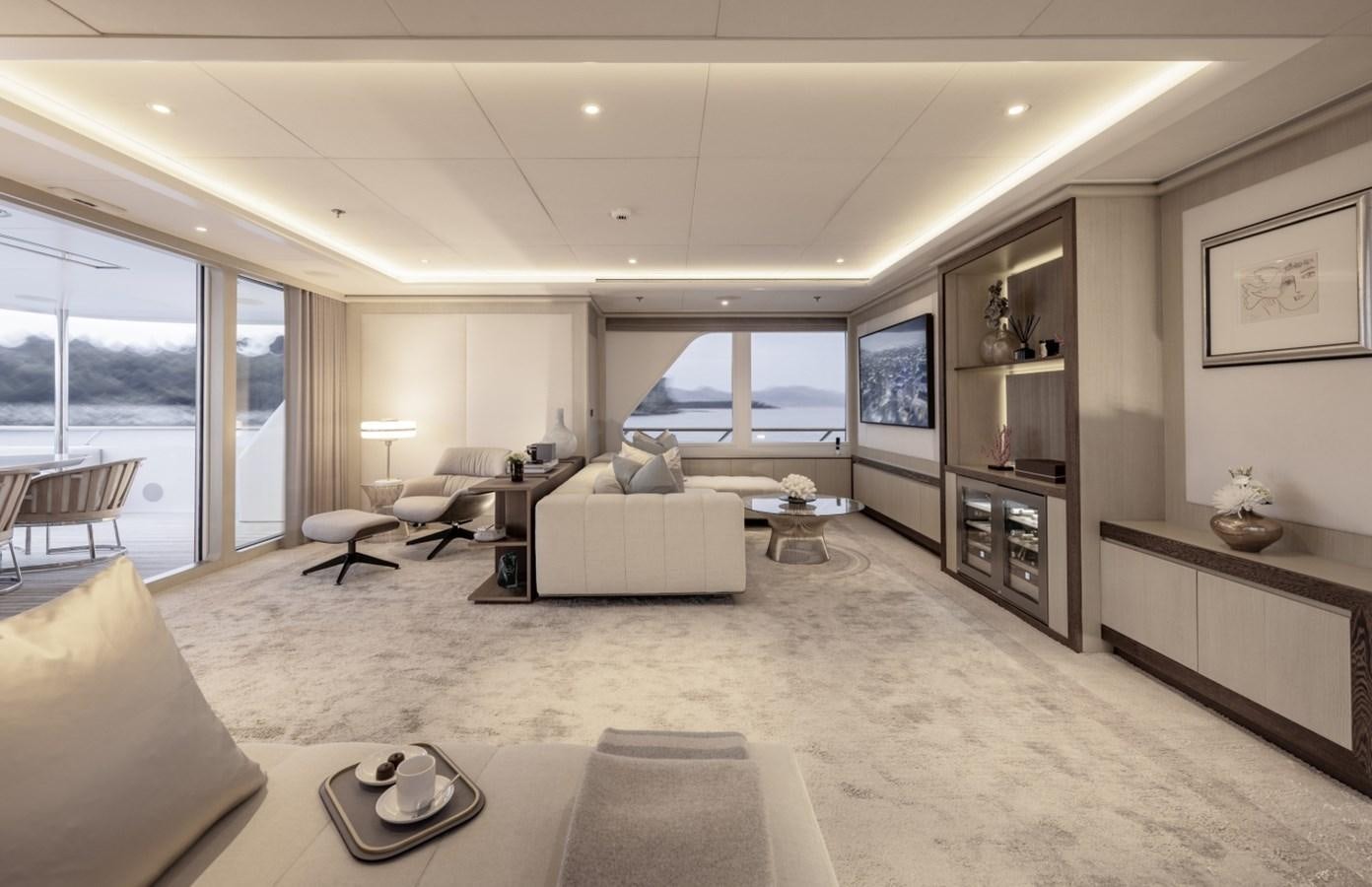a living room with a large window aboard LUCKY US Yacht for Sale