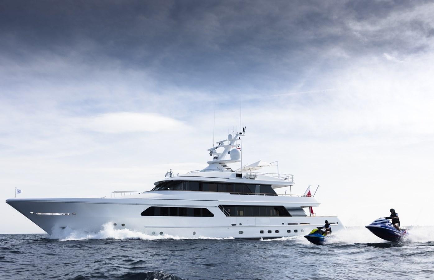 a white yacht in the water aboard LUCKY US Yacht for Sale