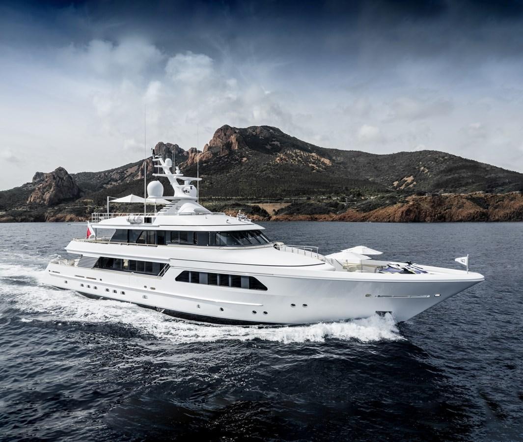 a white yacht in the water aboard LUCKY US Yacht for Sale