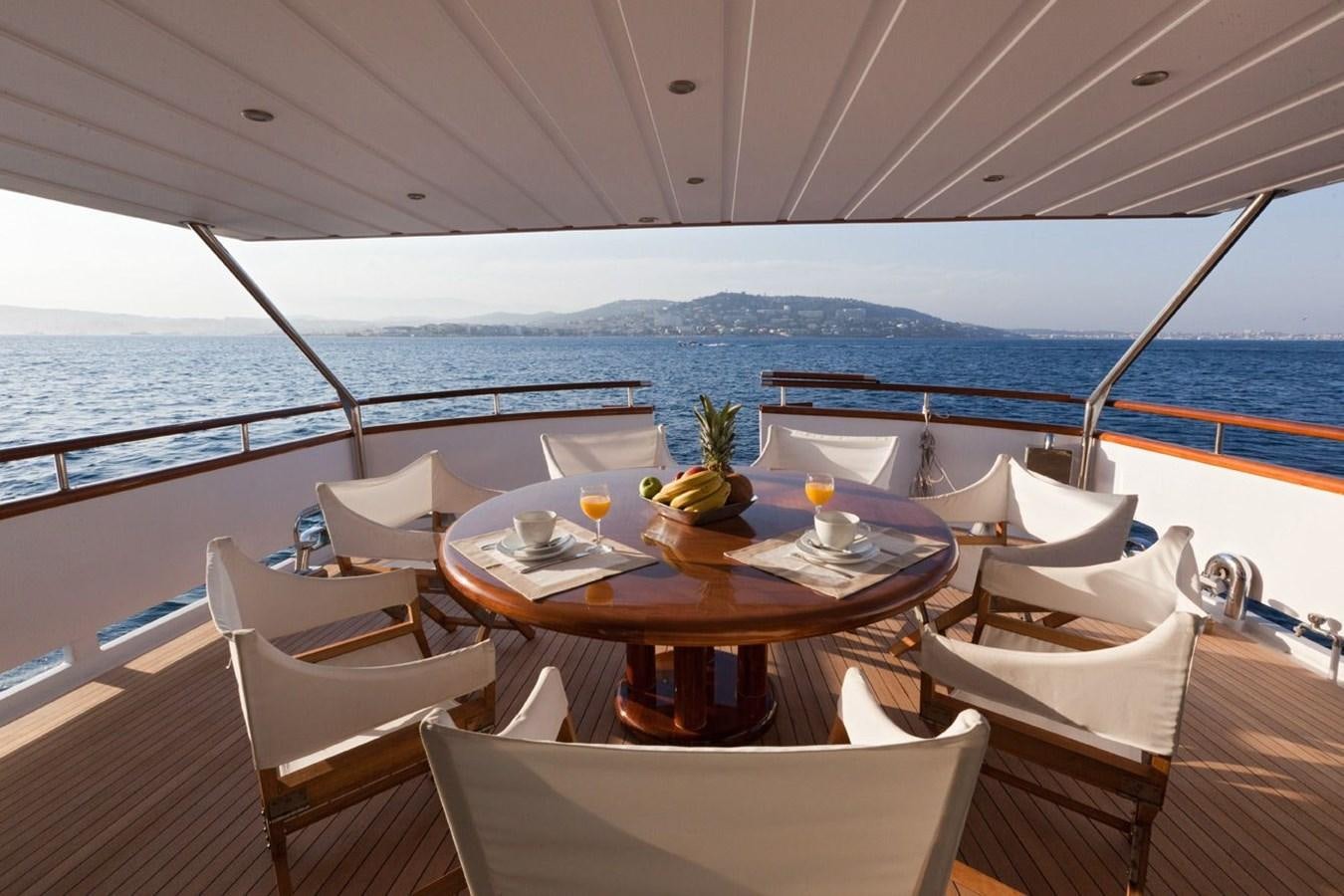 a table with chairs on it next to a large body of water aboard DUNE Yacht for Sale
