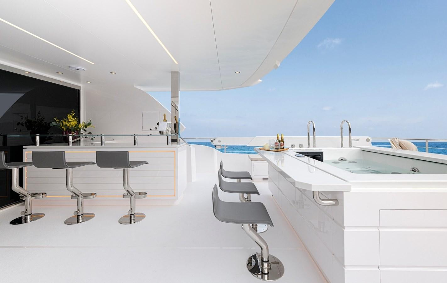 a modern kitchen with white cabinets aboard CHRISTINE Yacht for Sale