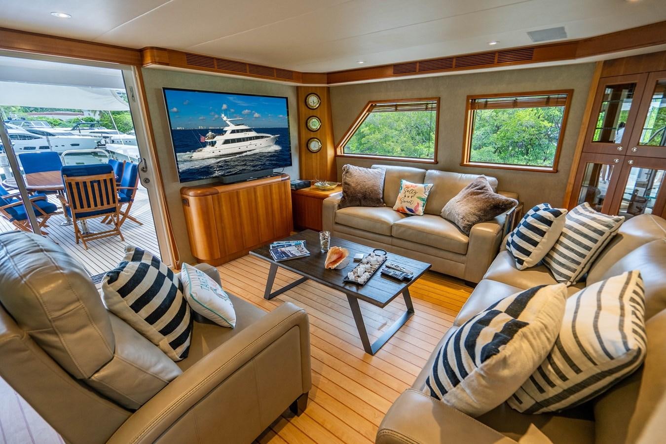 a living room with a large screen aboard SHORT GAME Yacht for Sale
