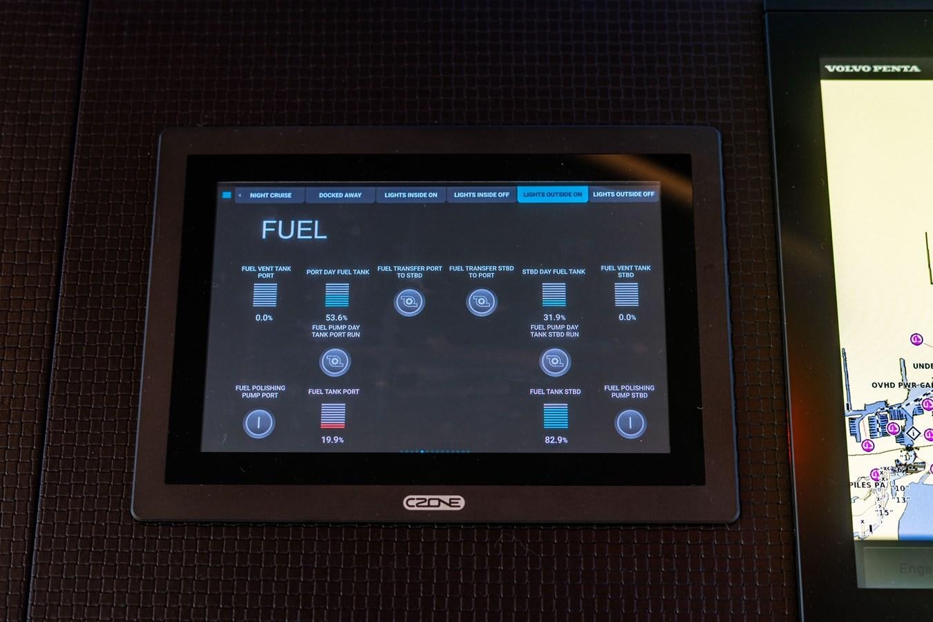 a black rectangular screen with white text aboard PLANE TO SEA Yacht for Sale