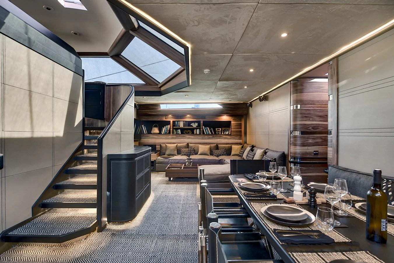 a room with a table chairs and a large window aboard OCEAN PURE 2 Yacht for Sale