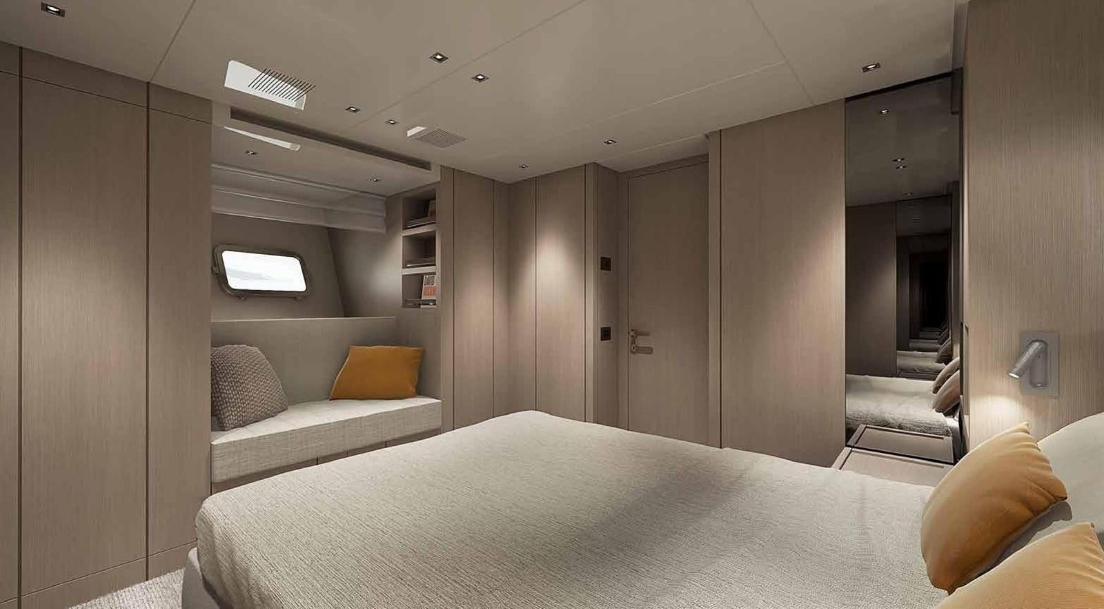 a room with a bed and a couch aboard 2021 SANLORENZO SX76 #68 Yacht for Sale