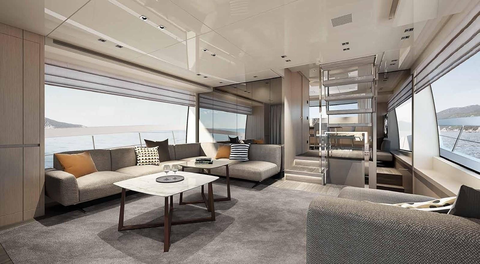 a living room with a couch and a table aboard 2021 SANLORENZO SX76 #68 Yacht for Sale