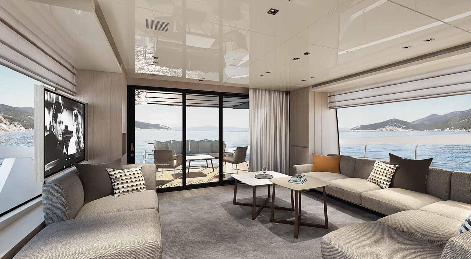 a living room with a large window aboard 2021 SANLORENZO SX76 #68 Yacht for Sale
