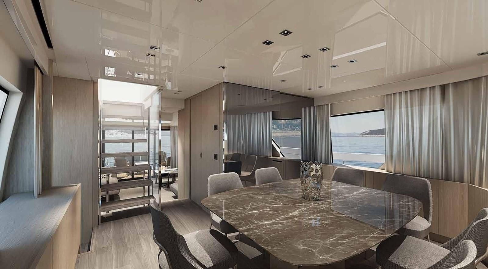 a large room with a table and chairs aboard 2021 SANLORENZO SX76 #68 Yacht for Sale