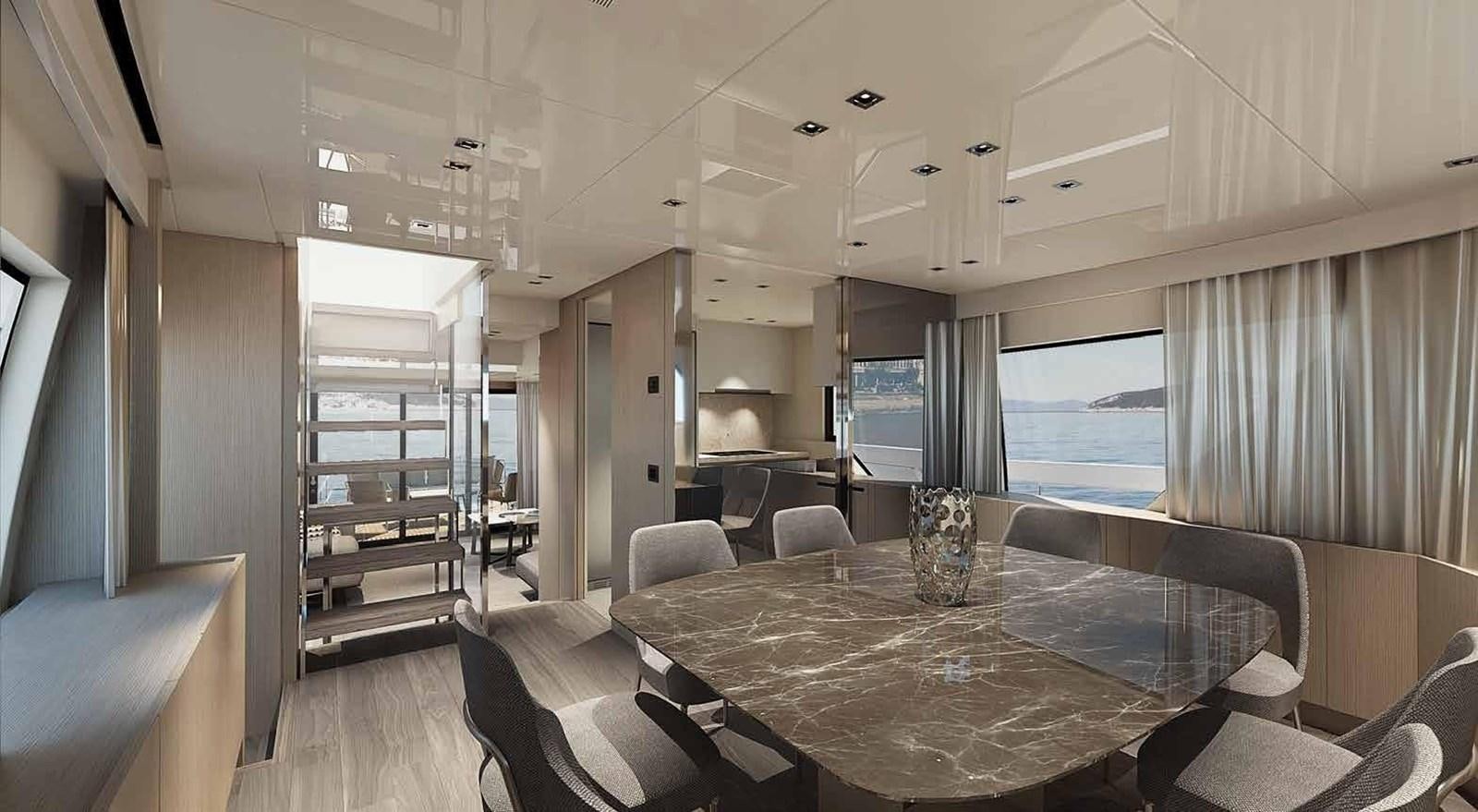 a large room with a table and chairs aboard 2021 SANLORENZO SX76 #68 Yacht for Sale