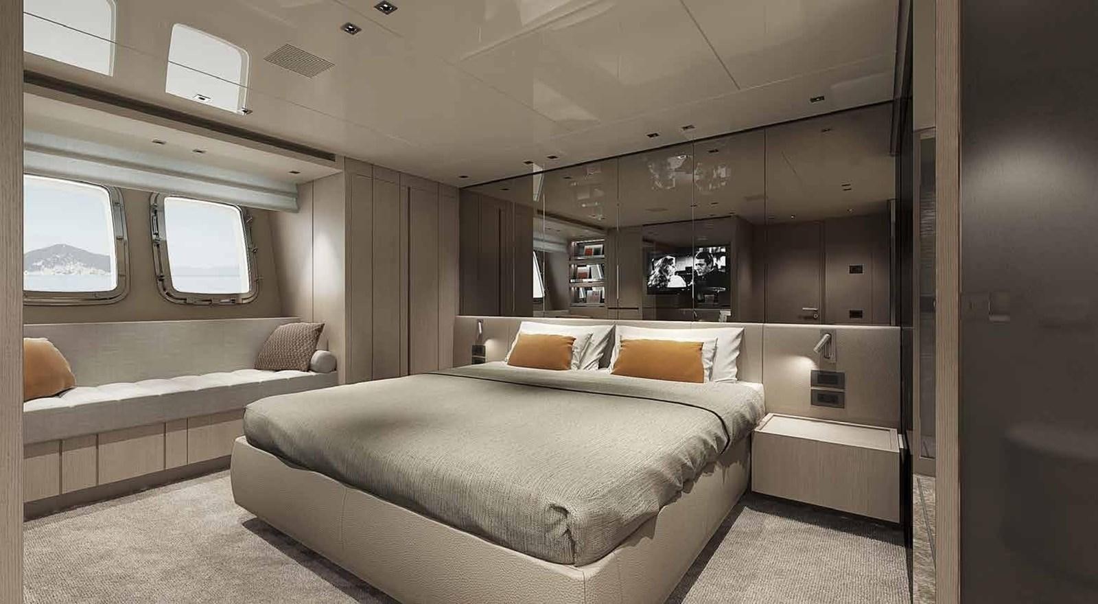a room with a bed and a couch aboard 2021 SANLORENZO SX76 #68 Yacht for Sale
