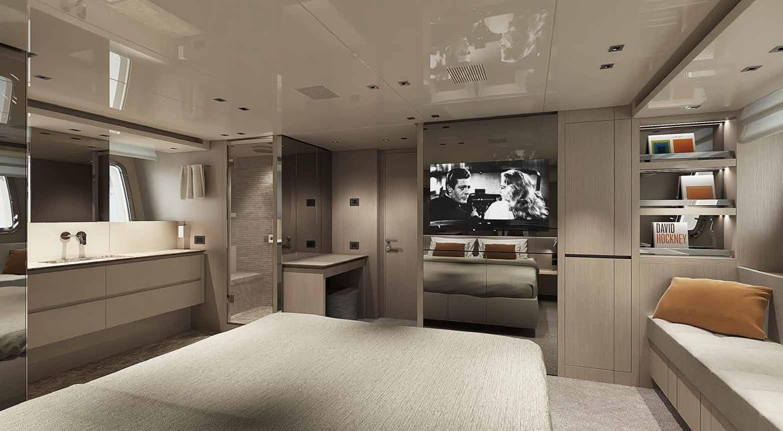 a room with a bed and a tv aboard 2021 SANLORENZO SX76 #68 Yacht for Sale