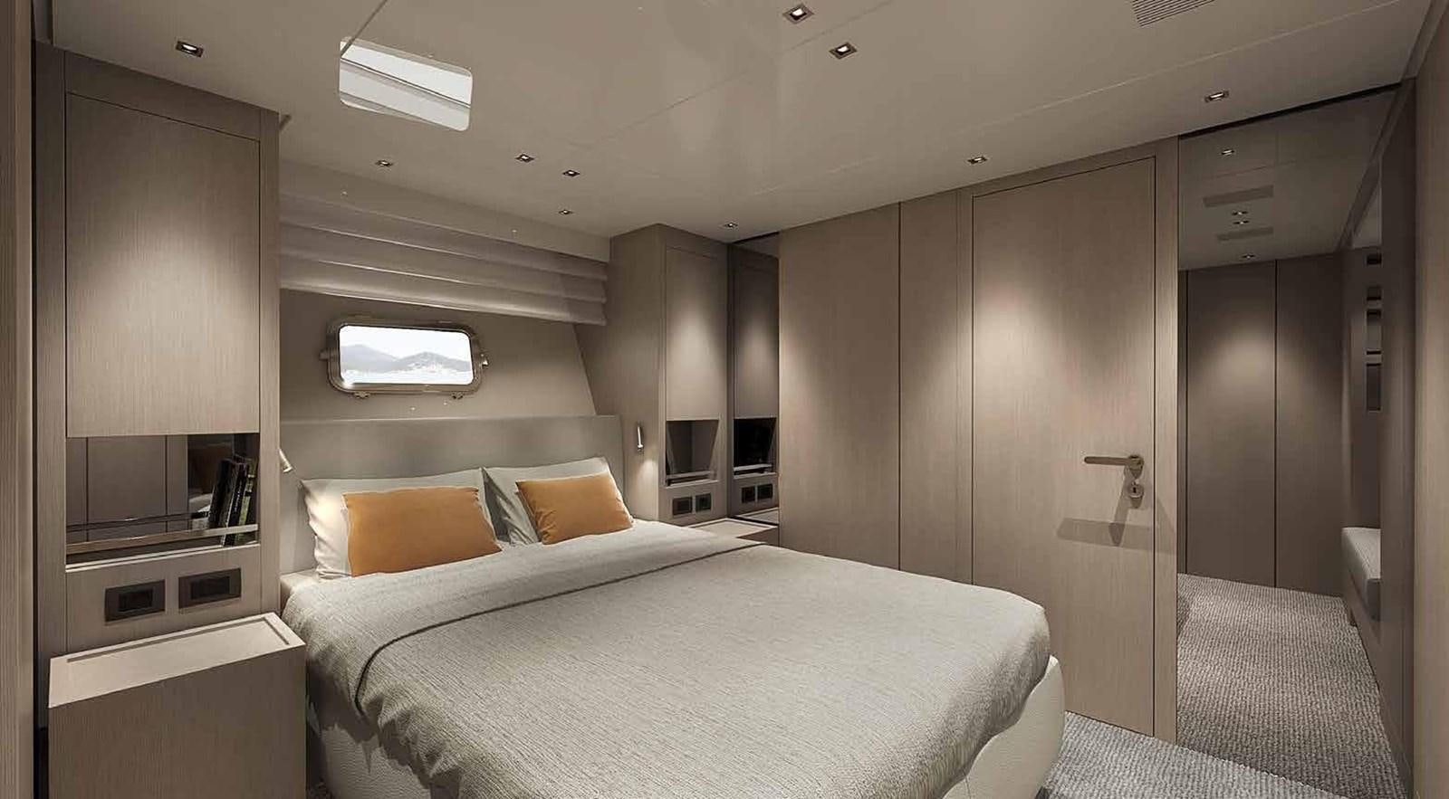 a room with a bed and a desk aboard 2021 SANLORENZO SX76 #68 Yacht for Sale