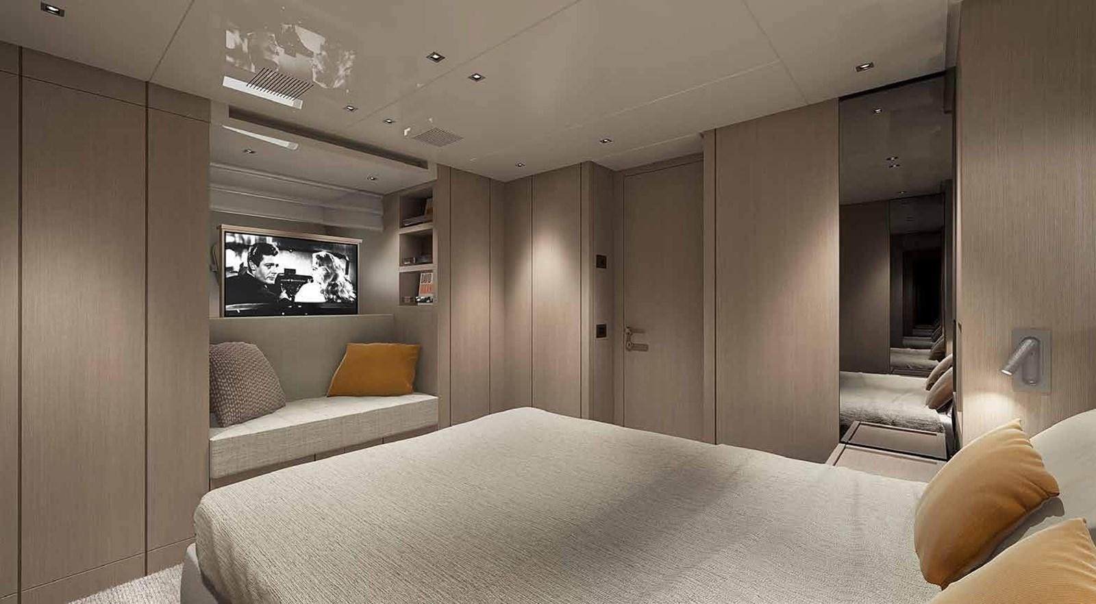 a room with a bed and a television aboard 2021 SANLORENZO SX76 #68 Yacht for Sale