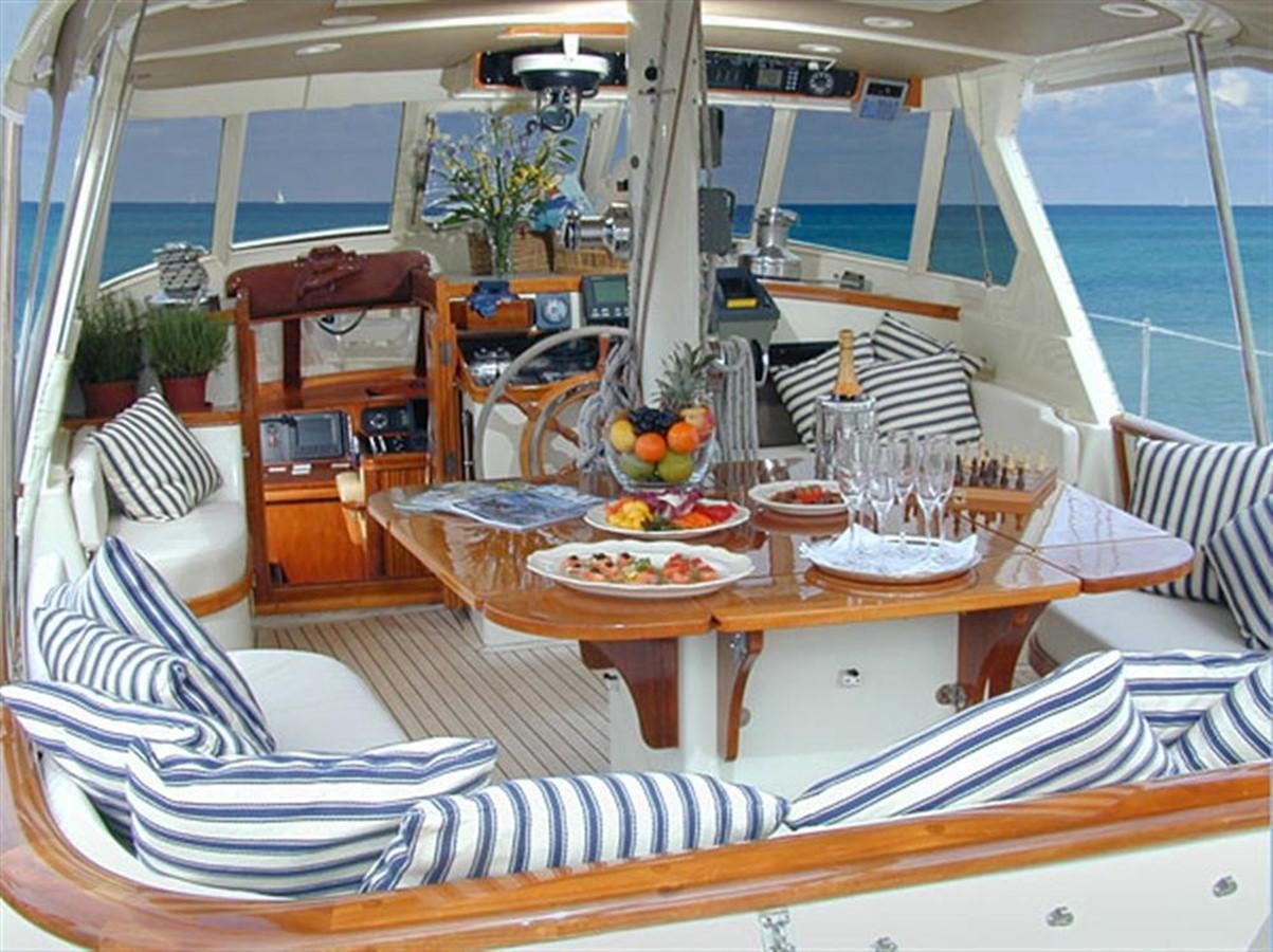 a table with food on it aboard AURASTEL Yacht for Sale