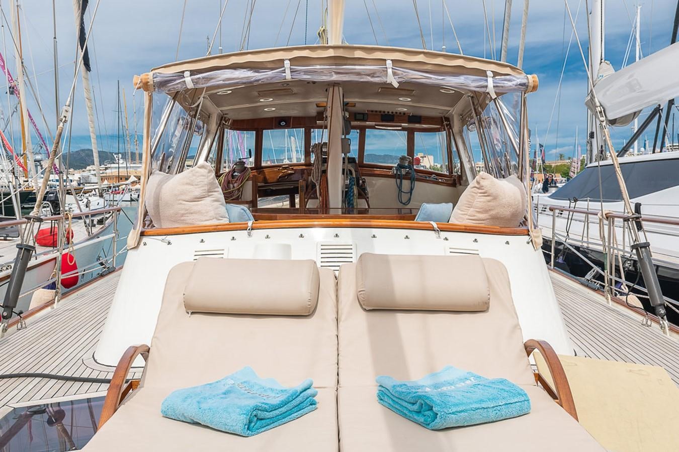 a boat with a canopy aboard AURASTEL Yacht for Sale