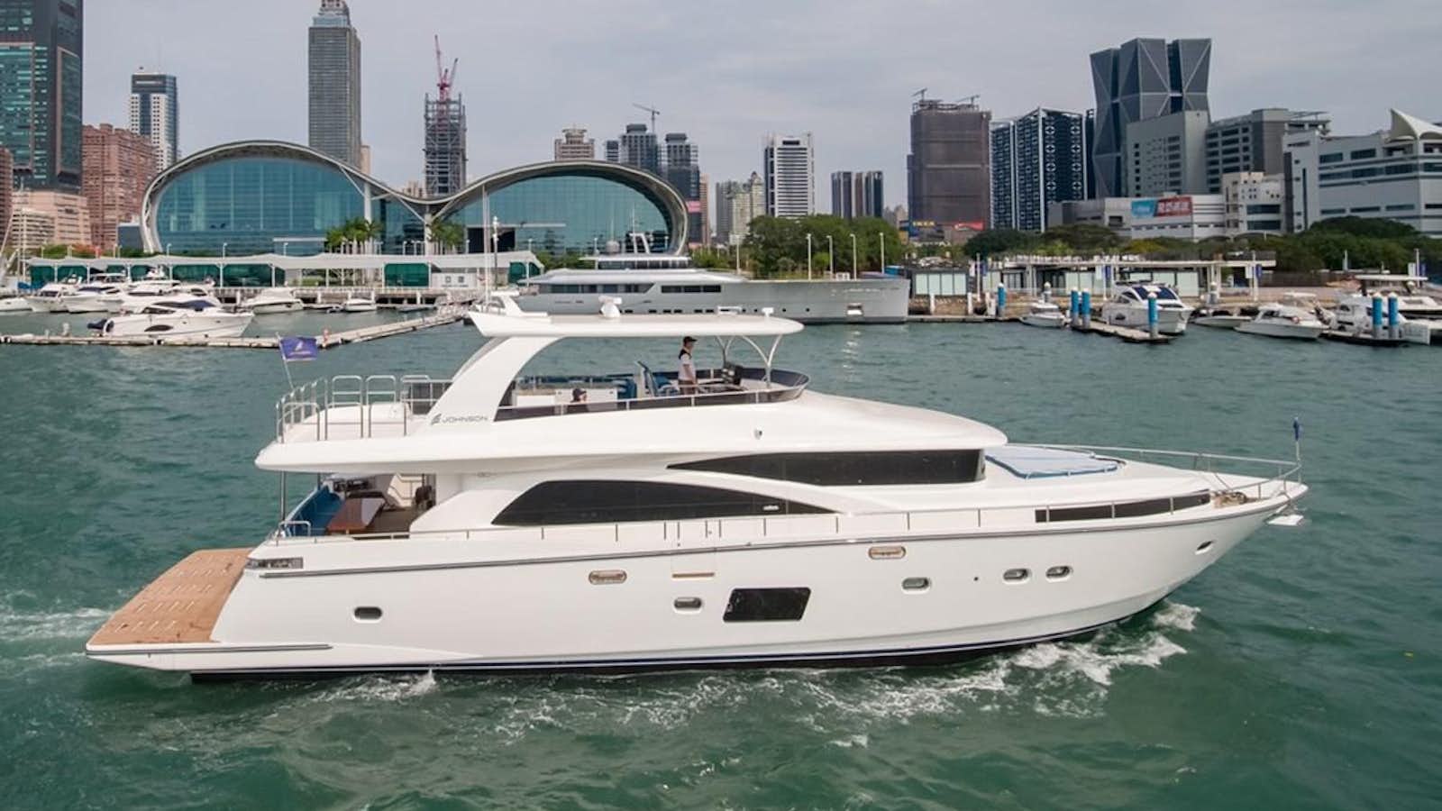 Watch Video for JOHNSON 80' SKYLOUNGE W/HYDRAULIC PLATFORM Yacht for Sale