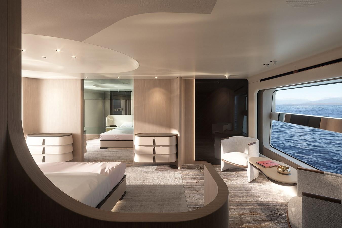 a room with a bed and a window aboard AL GASSAR 2022 Yacht for Sale