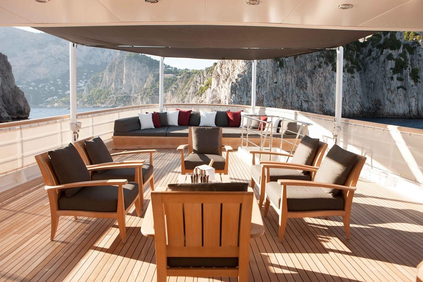 a room with a table chairs and a large window aboard ICE LADY Yacht for Sale