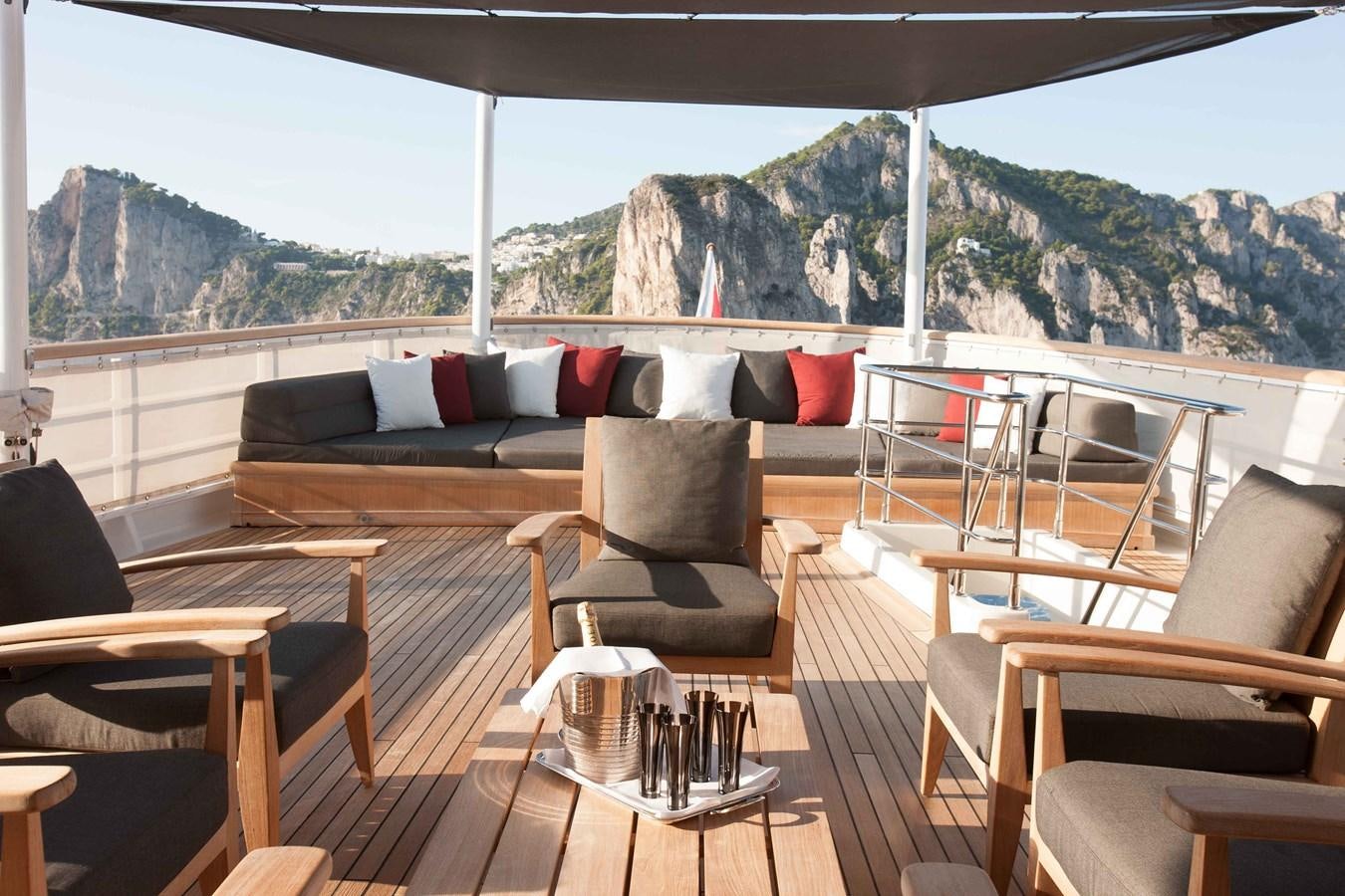 a deck with a view of mountains and trees aboard ICE LADY Yacht for Sale
