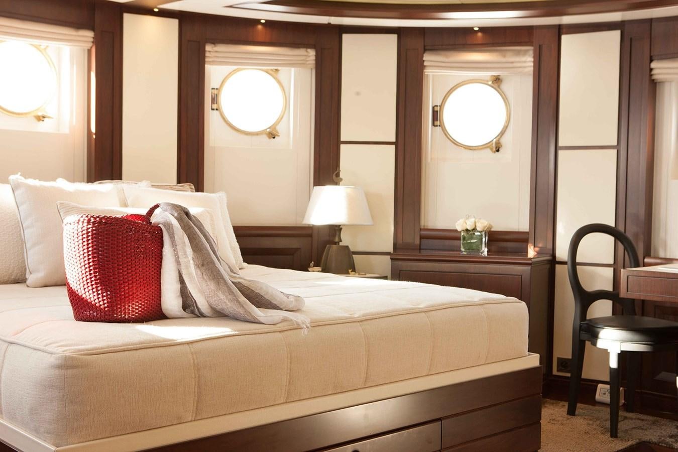 a bed with a white bed spread aboard ICE LADY Yacht for Sale
