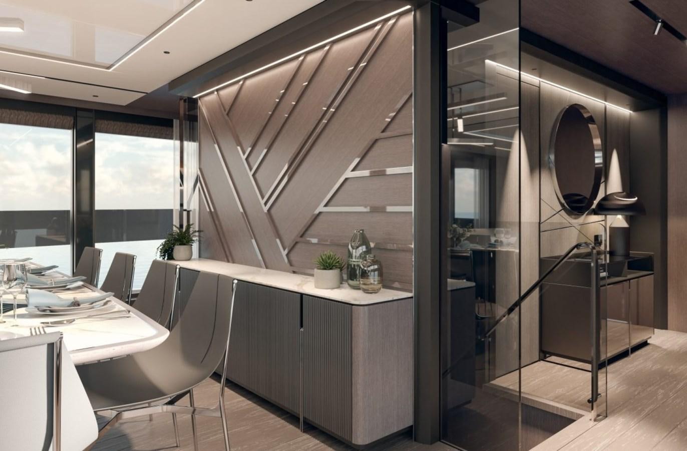 a room with tables and chairs aboard SUNSEEKER 100 Yacht for Sale