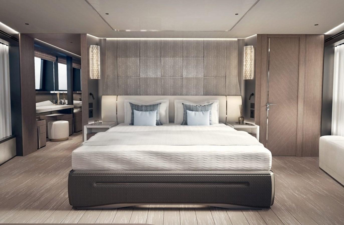 a bed in a room aboard SUNSEEKER 100 Yacht for Sale
