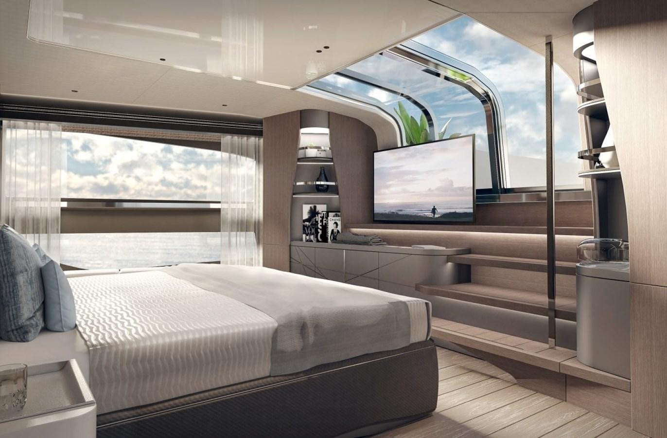 a bedroom with a large window aboard SUNSEEKER 100 Yacht for Sale