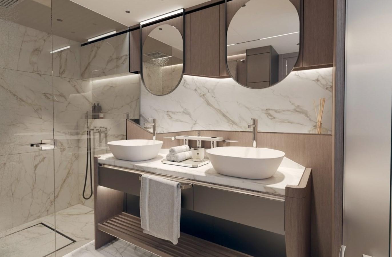 a bathroom with a sink and a mirror aboard SUNSEEKER 100 Yacht for Sale