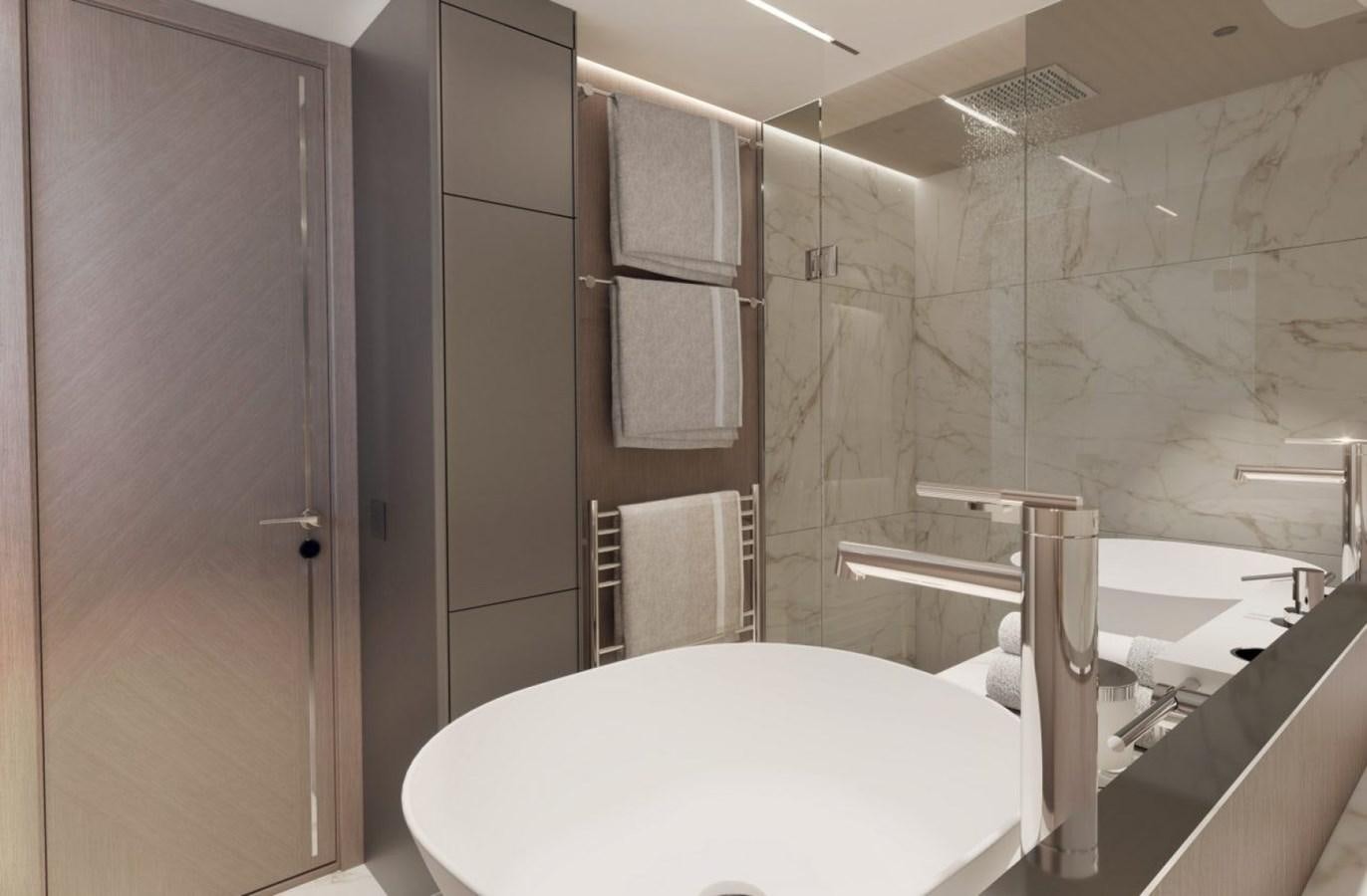 a bathroom with a glass shower aboard SUNSEEKER 100 Yacht for Sale
