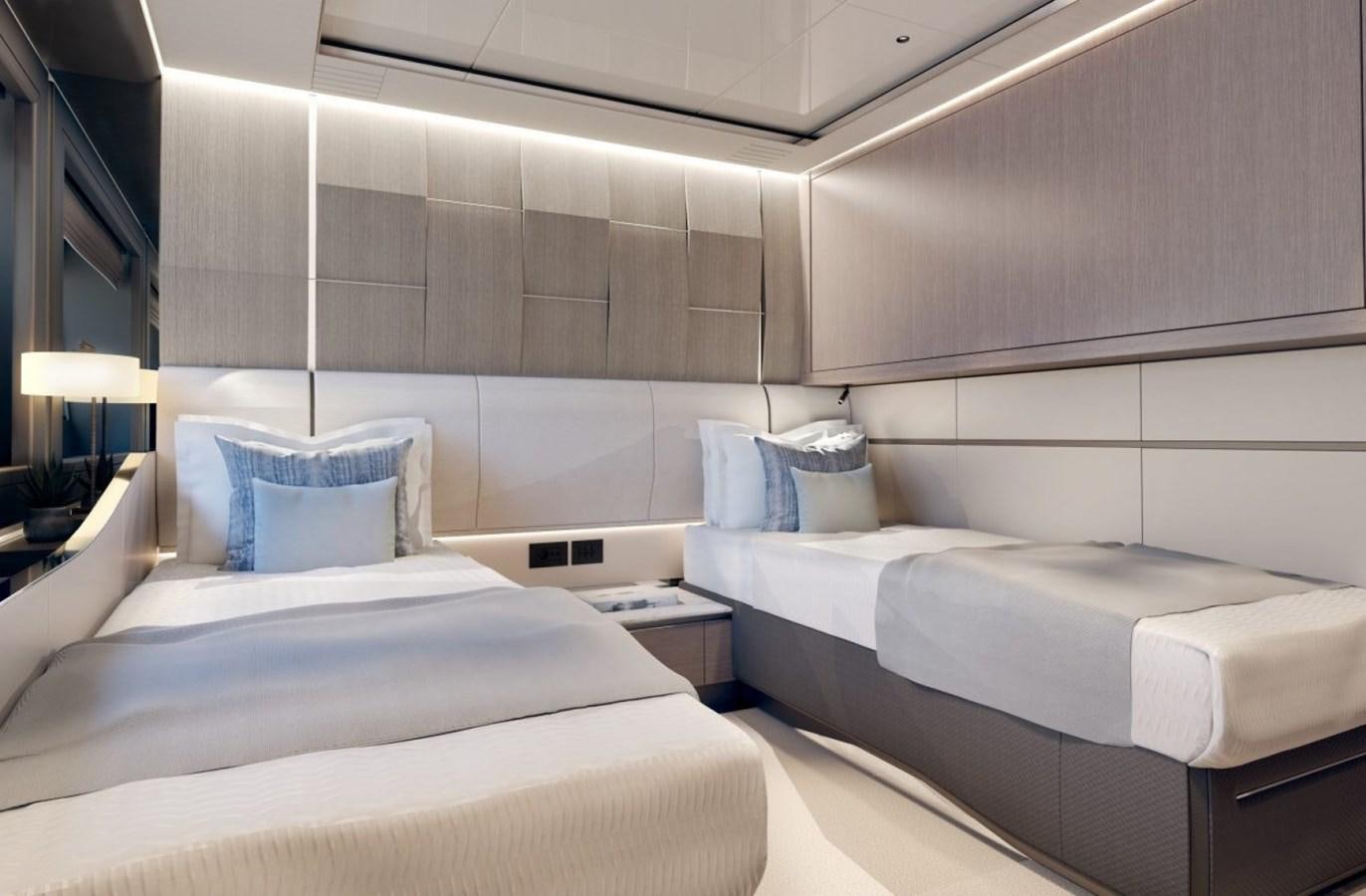 a room with beds and a lamp aboard SUNSEEKER 100 Yacht for Sale