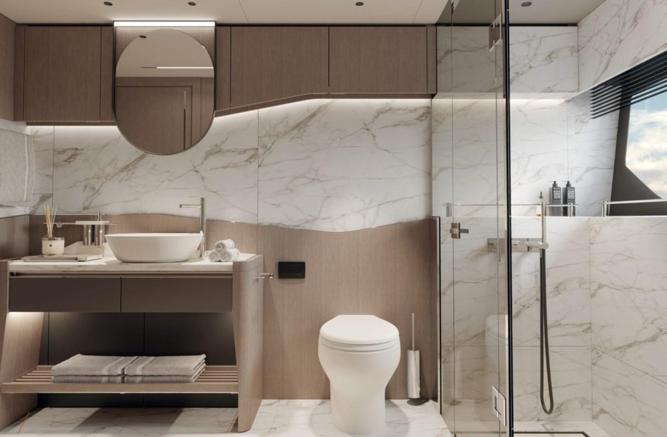 a bathroom with a glass shower aboard SUNSEEKER 100 Yacht for Sale