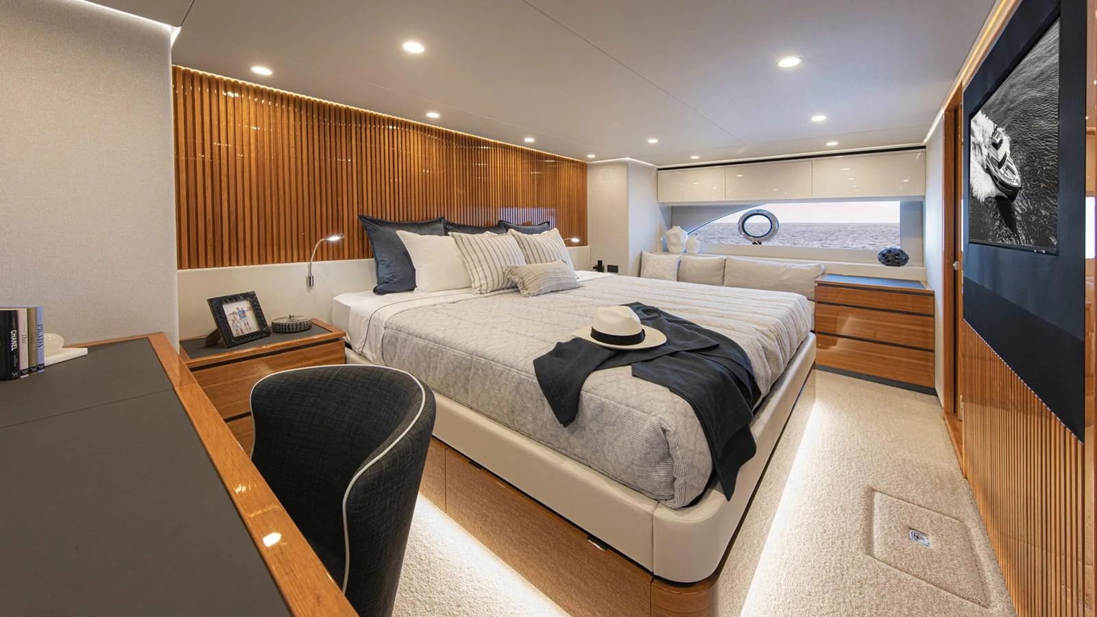 a bedroom with a large bed aboard 78 MOTOR YACHT ENCLOSED Yacht for Sale