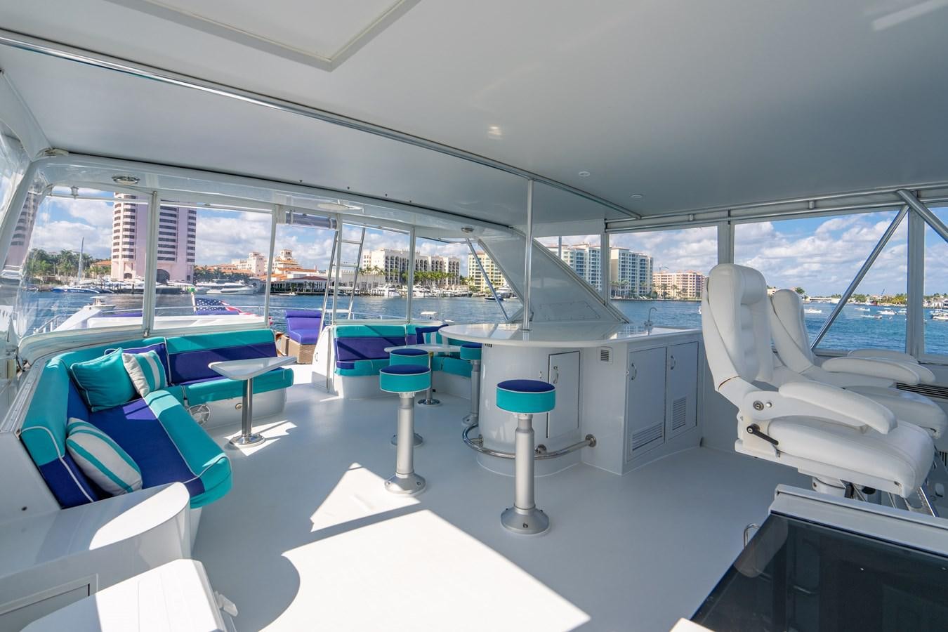 inside of a vehicle with a large window and a view of the city aboard DIAMOND LADY Yacht for Sale