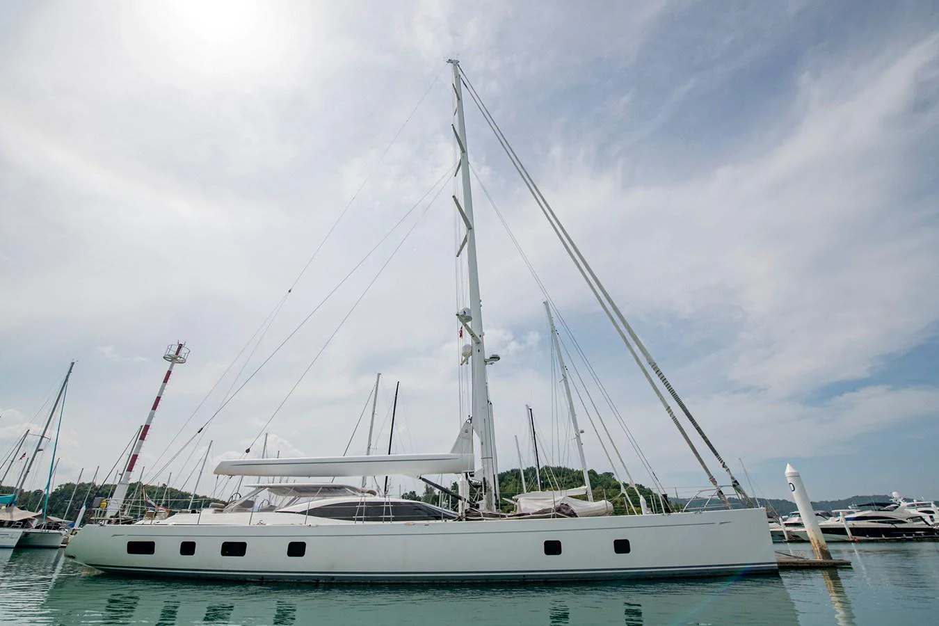 a white boat in the water aboard SERAFIM Yacht for Sale