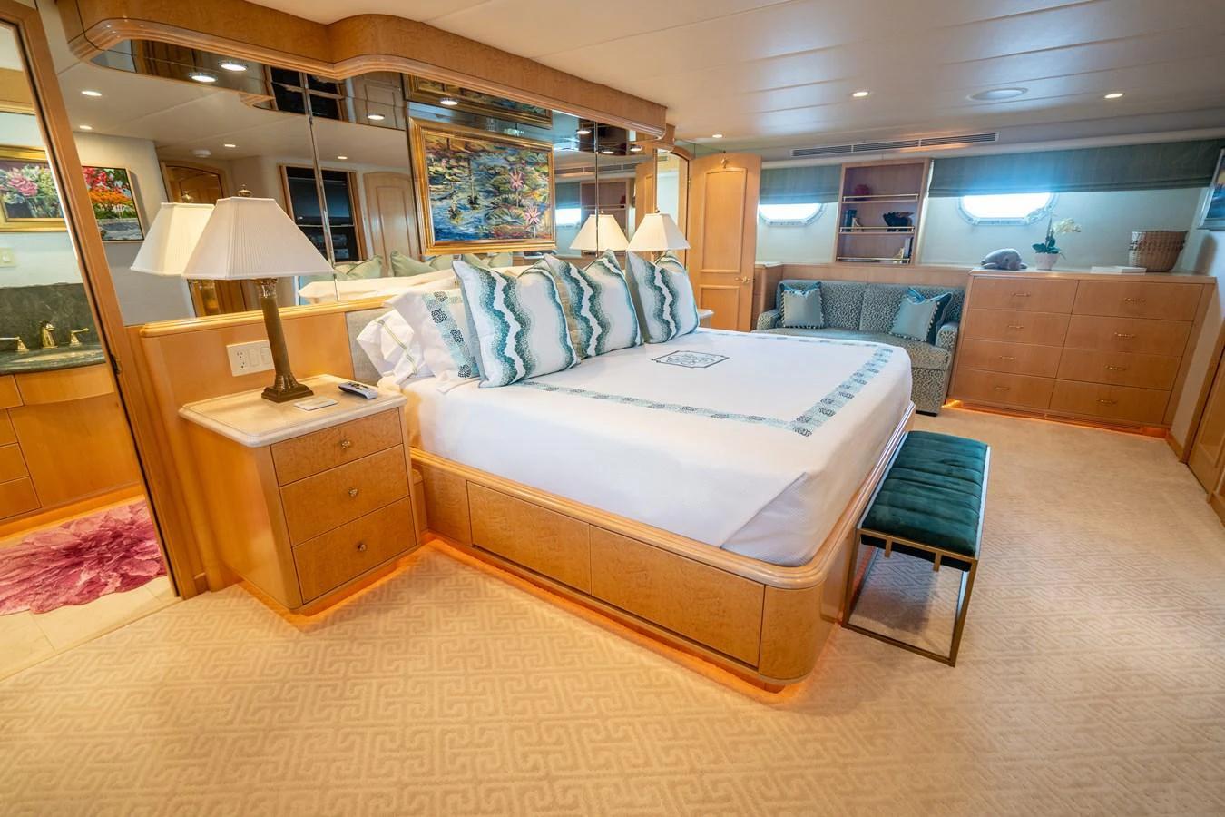 a bed in a room aboard HOG HEAVEN Yacht for Sale