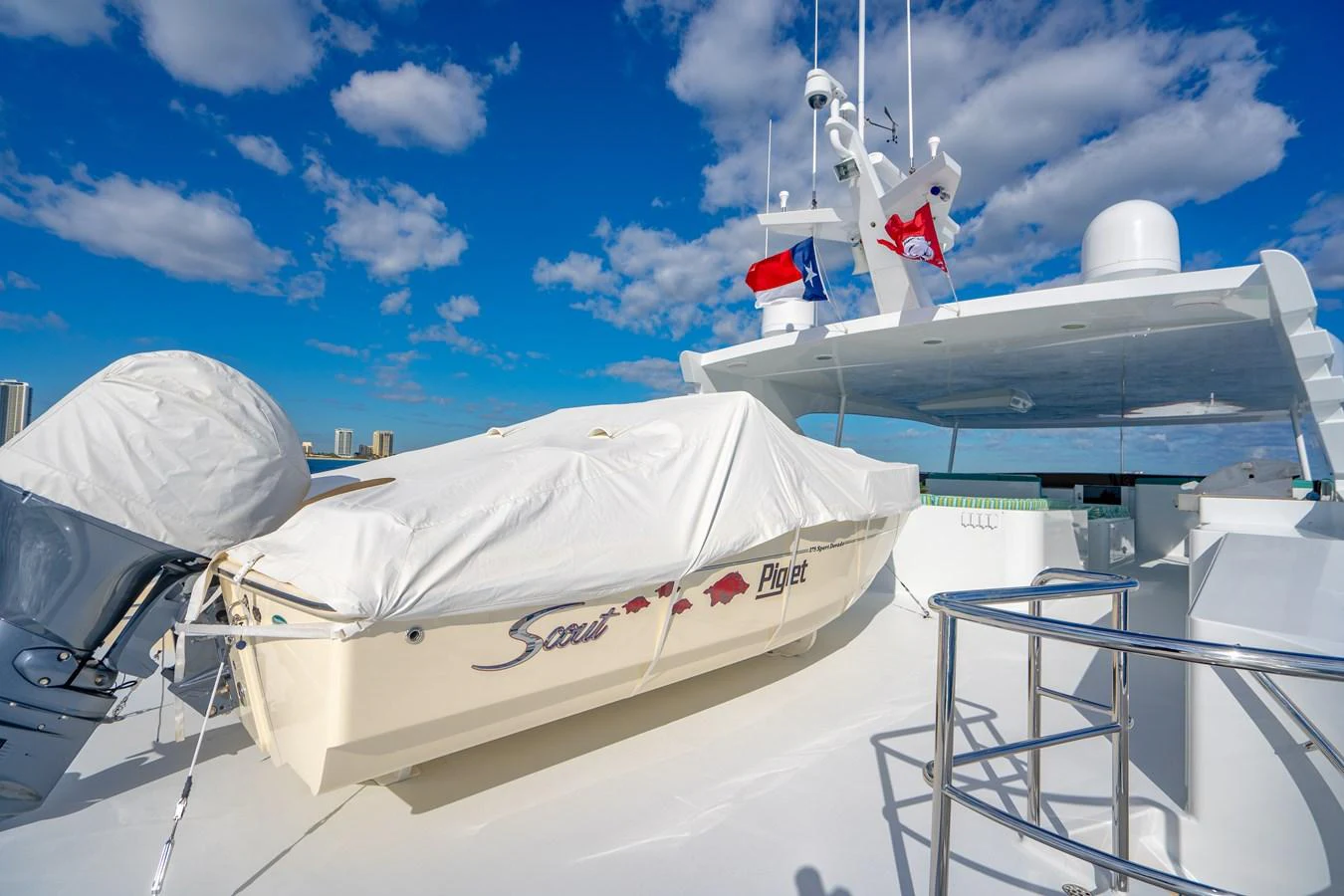 a couple of white satellite dishes aboard HOG HEAVEN Yacht for Sale
