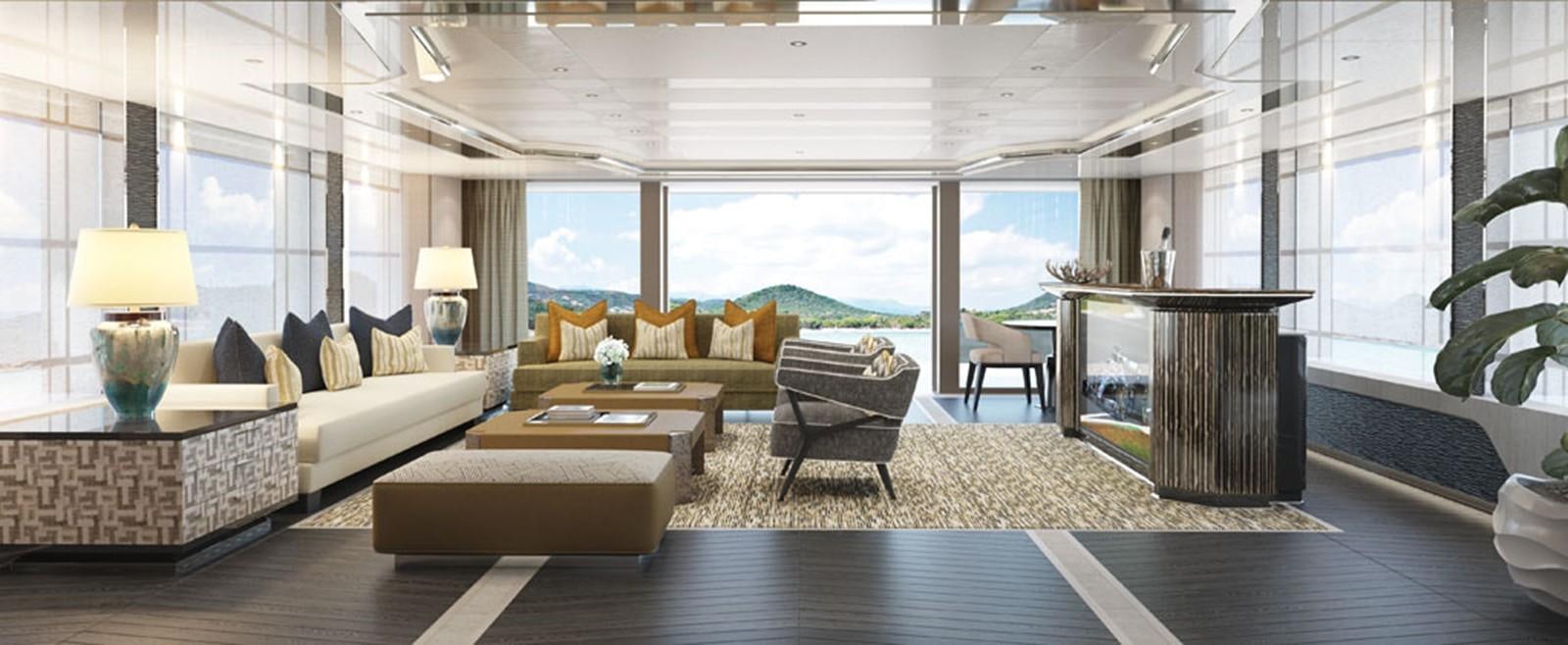a living room with a large window aboard AMELS 6004 Yacht for Sale