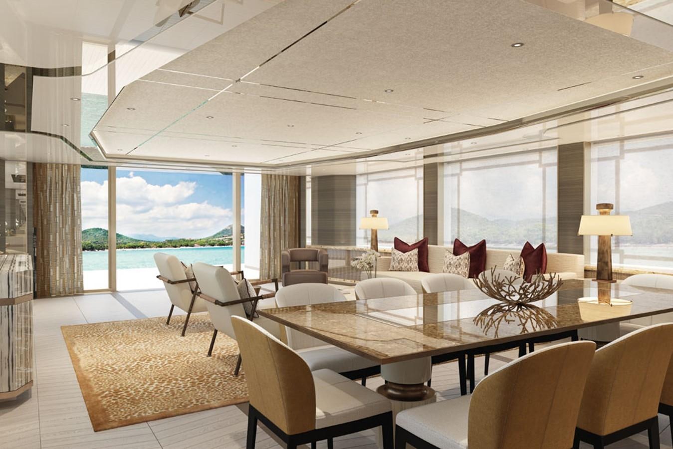 a large living room with a large balcony aboard AMELS 6004 Yacht for Sale