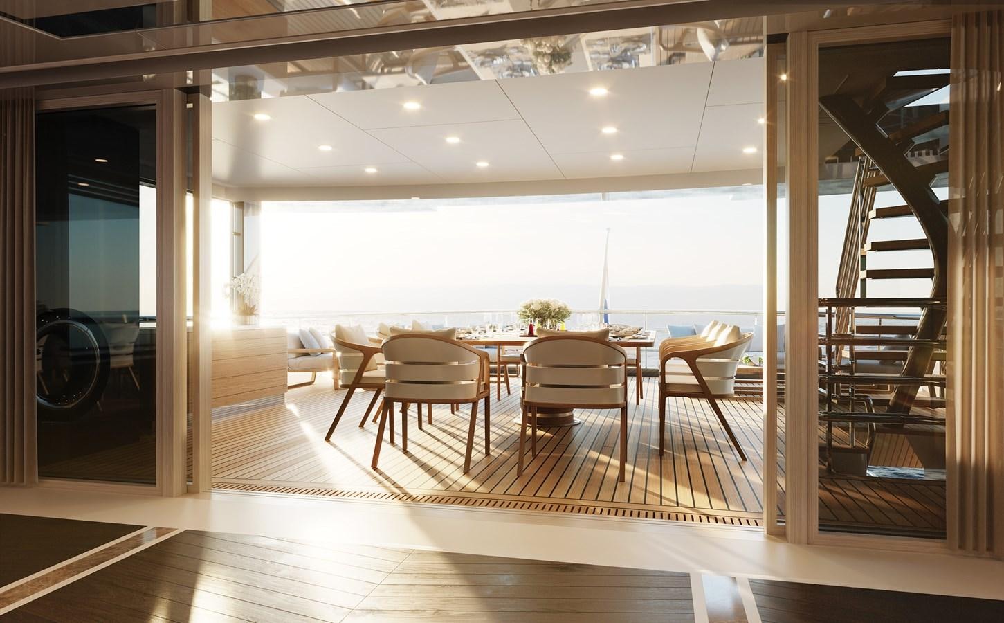 a room with a table and chairs aboard AMELS 6004 Yacht for Sale