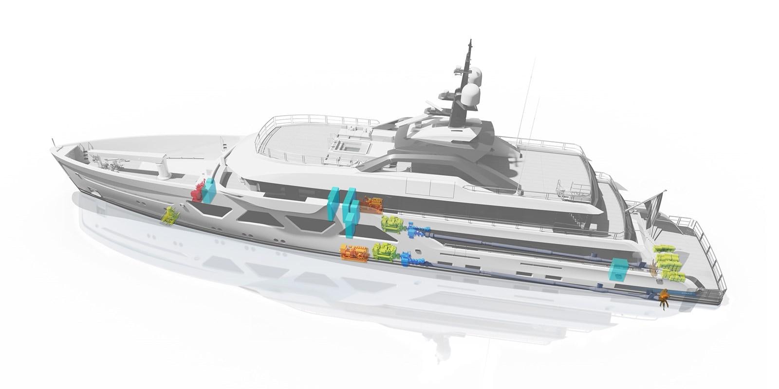 a white boat with a black and blue design on it aboard AMELS 6004 Yacht for Sale