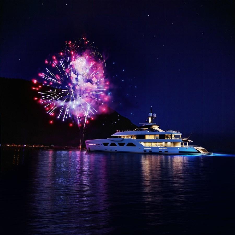 a boat with fireworks in the sky aboard AMELS 6004 Yacht for Sale