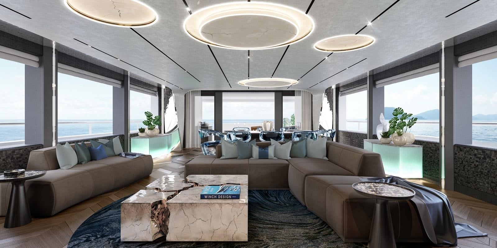 a living room with a large window aboard AMELS 6004 Yacht for Sale