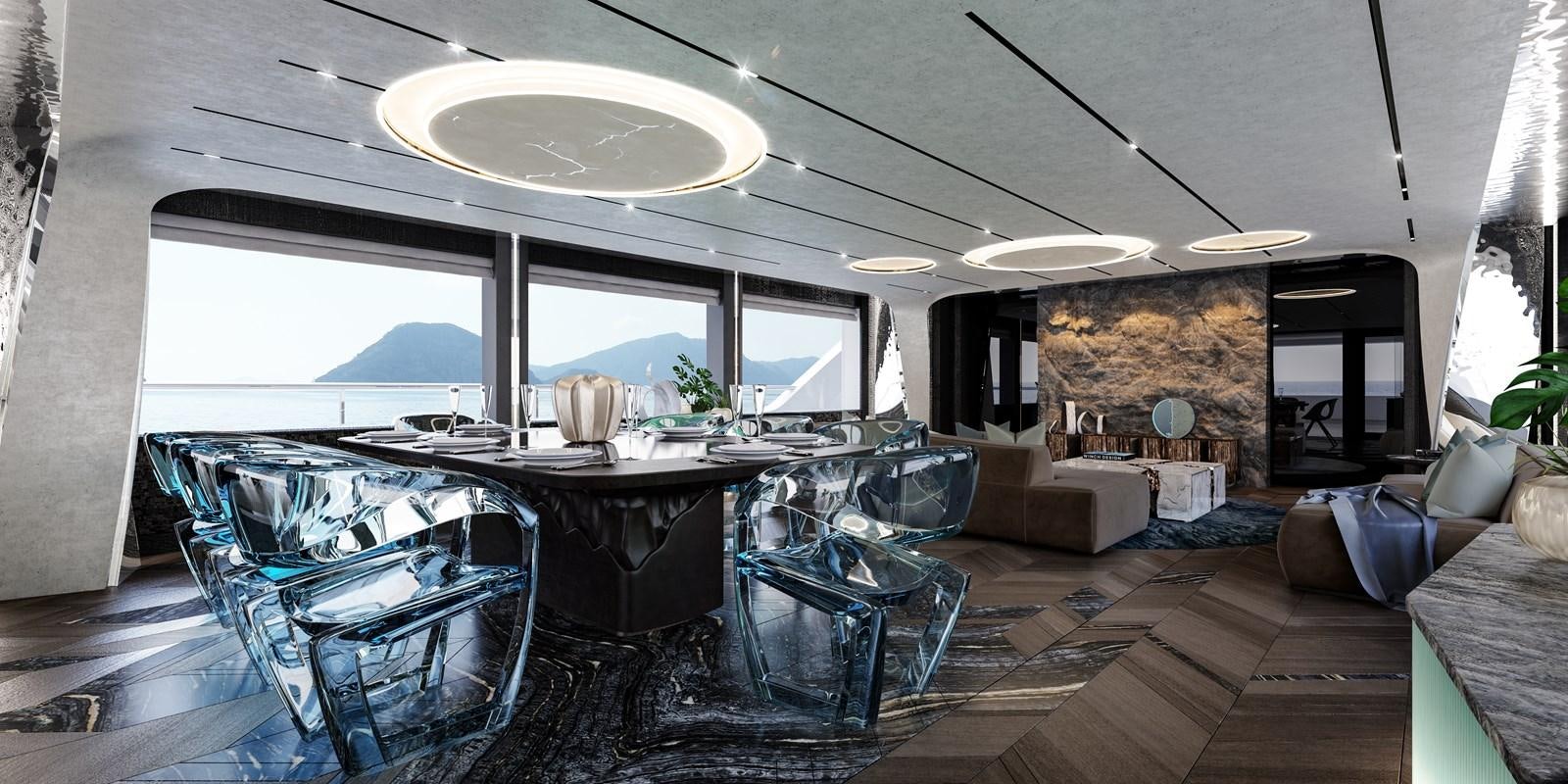 a large room with a table and chairs aboard AMELS 6004 Yacht for Sale