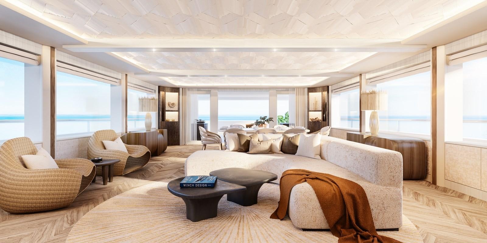 a large living room with a large bed and a large window aboard AMELS 6004 Yacht for Sale