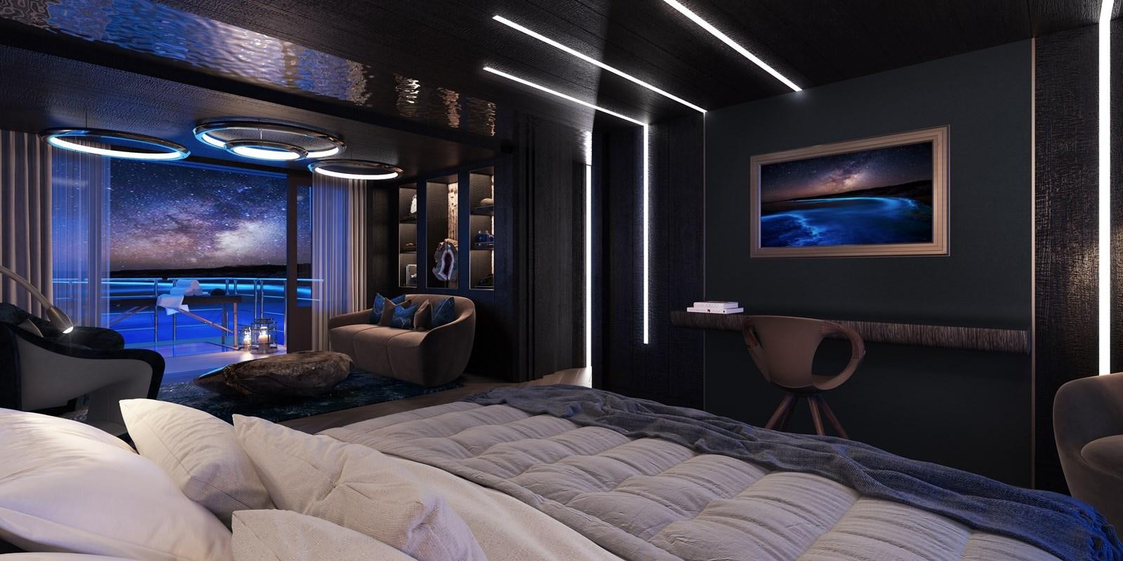 a room with a bed and a view of the ocean aboard AMELS 6004 Yacht for Sale