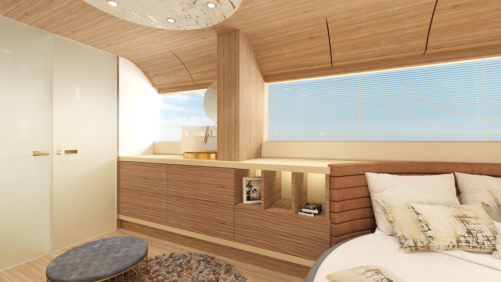 a room with a bed and a window aboard EDGE - XSR 85 #NB201 Yacht for Sale
