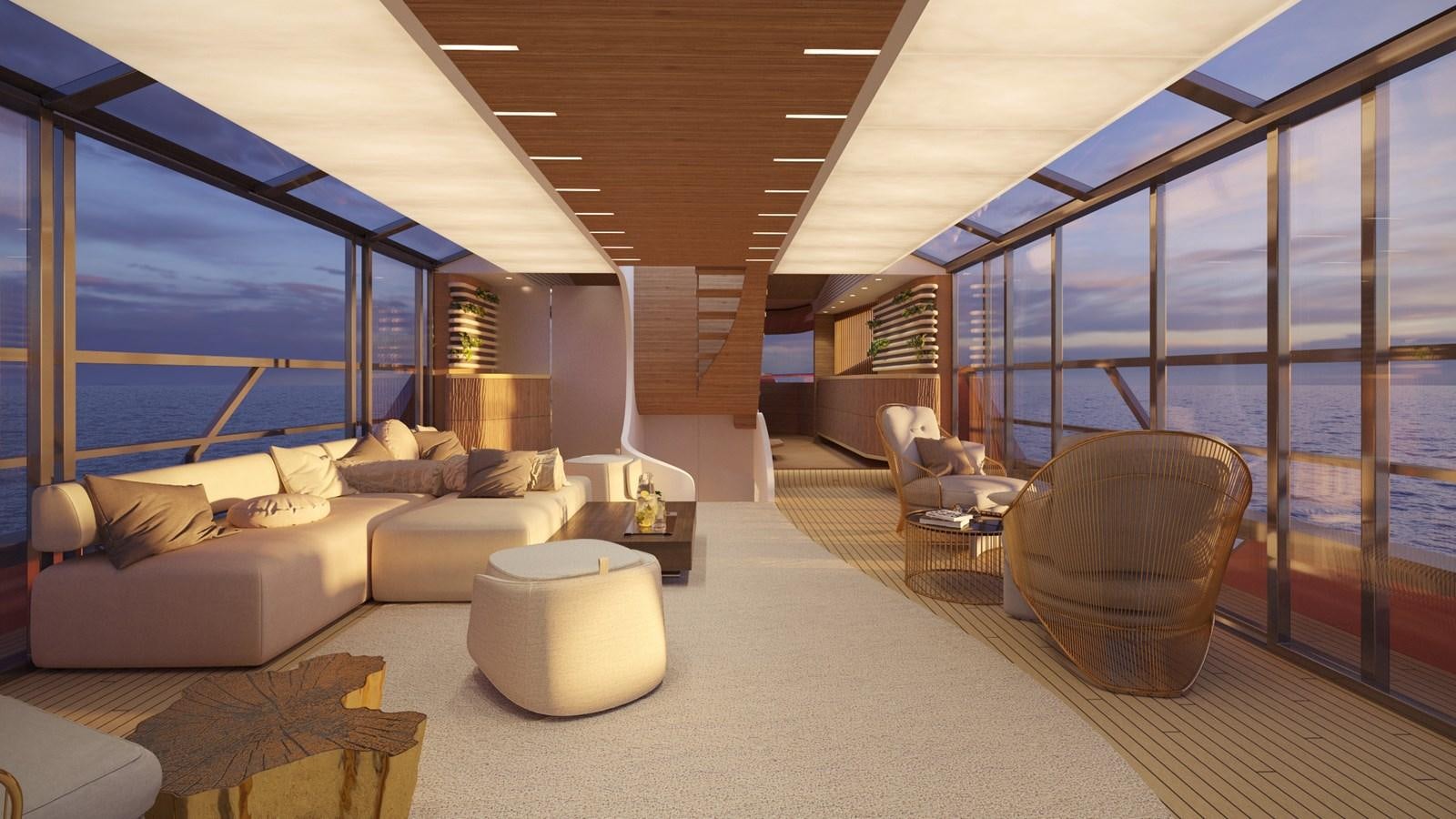a living room with a large window aboard EDGE - XSR 85 #NB201 Yacht for Sale