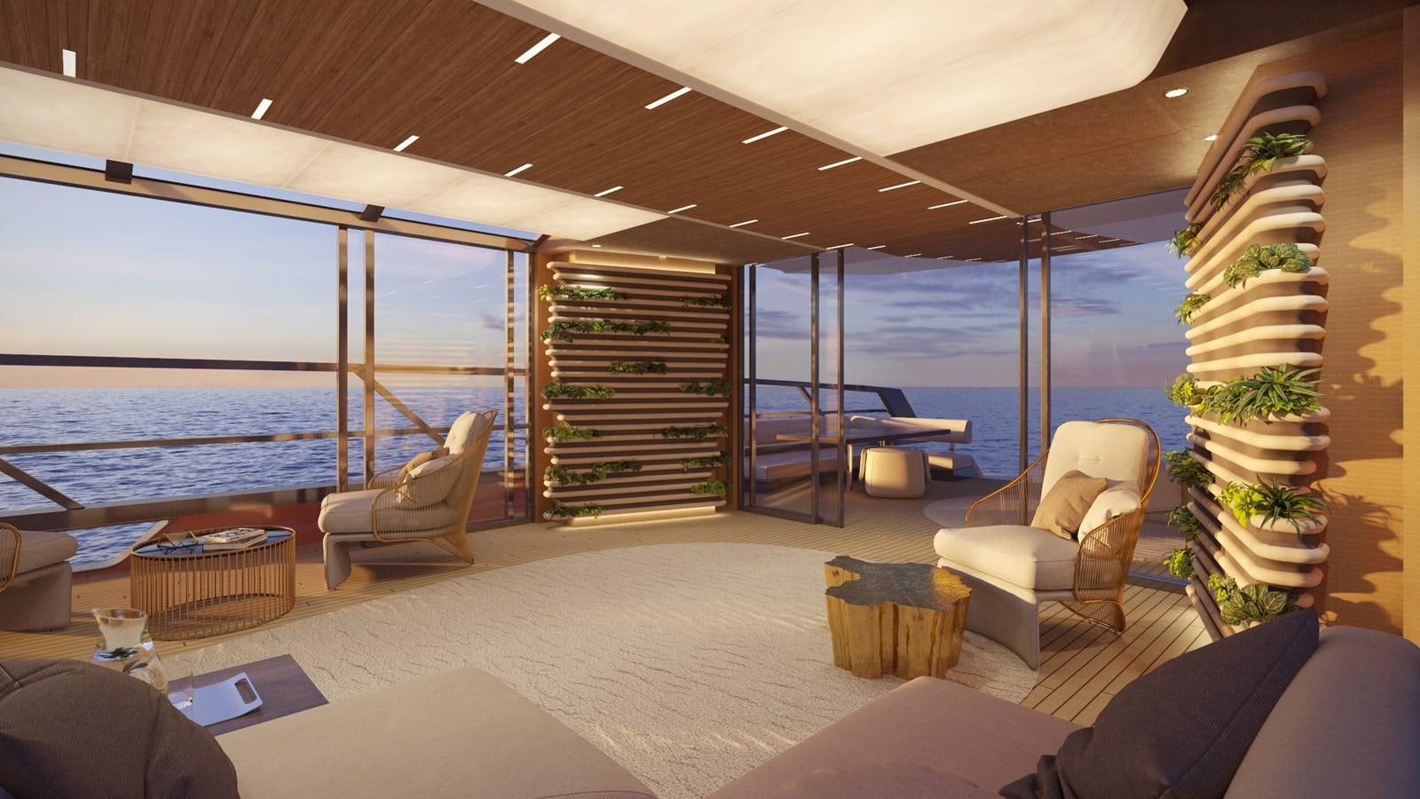 a room with a large window and a view of the water aboard EDGE - XSR 85 #NB201 Yacht for Sale