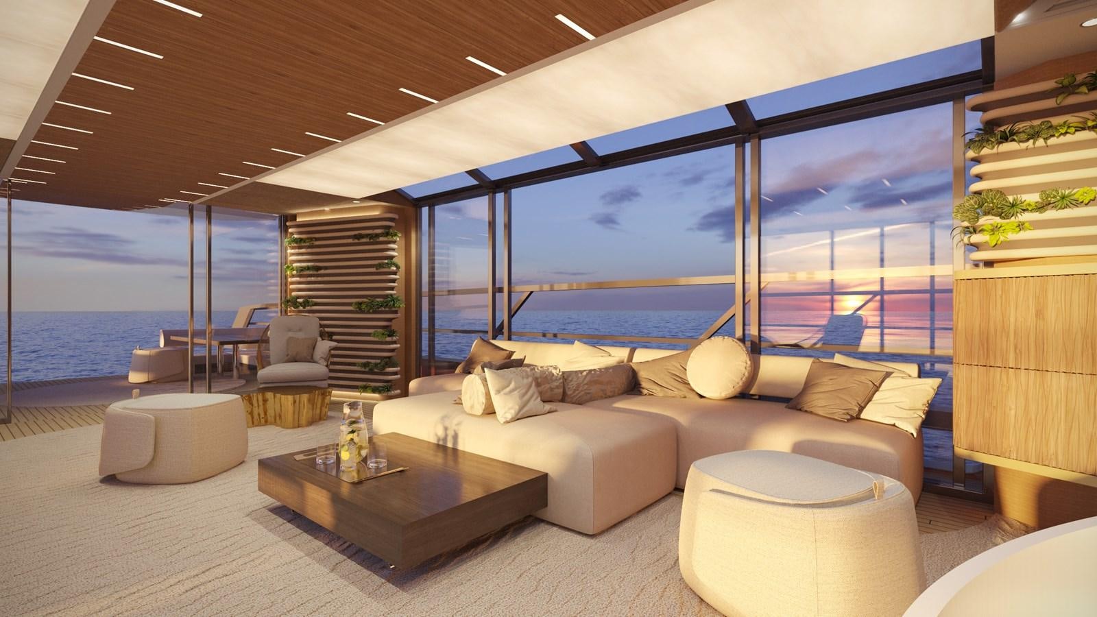 a living room with a large window aboard EDGE - XSR 85 #NB201 Yacht for Sale